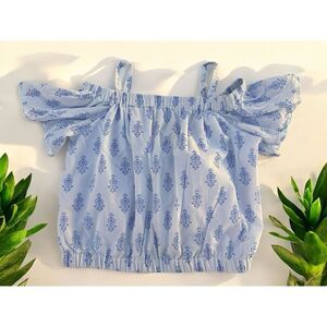 Haute Hippie Girls Crop Top Floral Blue White Off Shoulder Top Girls Large 10/12